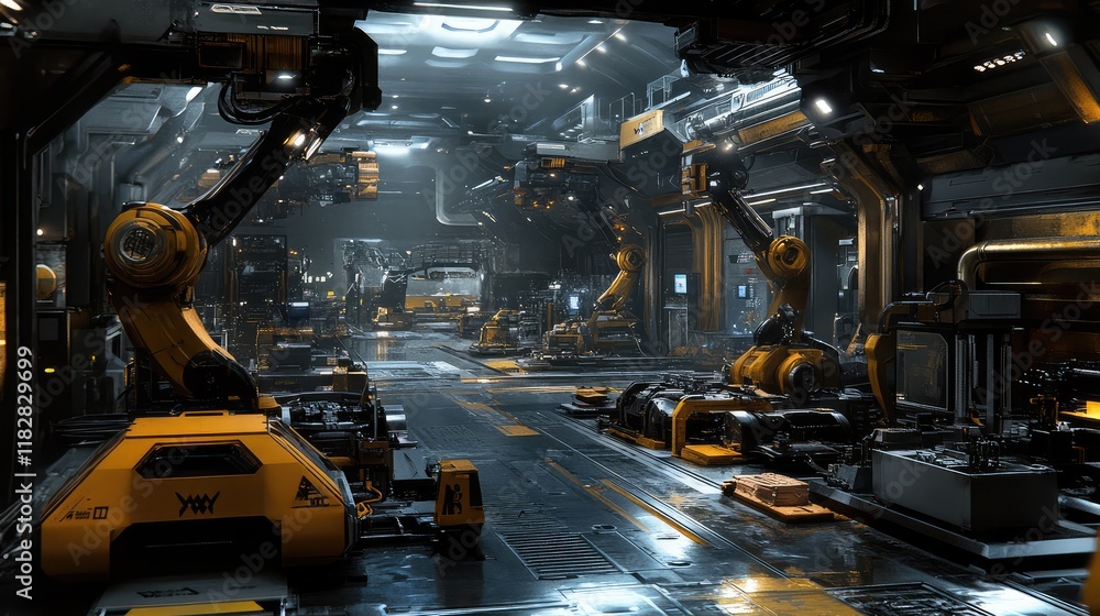 Poster a wide-angle shot of a sleek modern factory filled with advanced robotic arms and machinery, with em