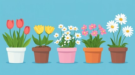 Potted flowers, spring blooms, blue background, gardening, website design