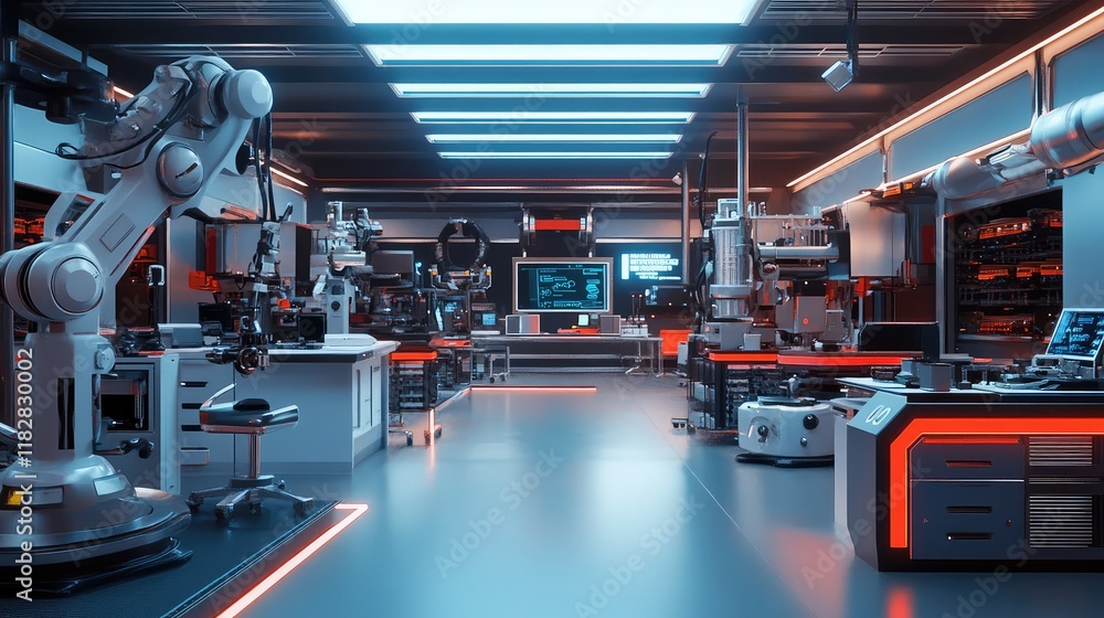 Poster a wide shot of a futuristic robotics lab filled with machines and clean space for text in the backgr