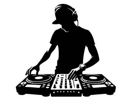 Silhouette of DJ mixing music on turntables. Clipart image isolated on background.