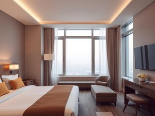 Fototapeta premium Modern hotel room with sleek furniture, large windows, a comfortable bed, and stylish decor, sleek, comfortable