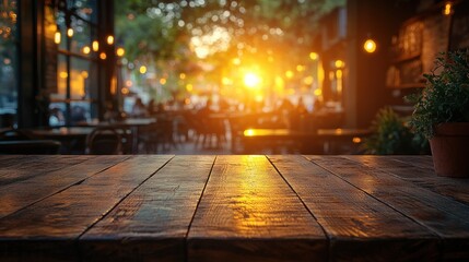 Cozy Vintage Cafe Scene at Sunset with Rustic Wooden Table and Warm Golden Light