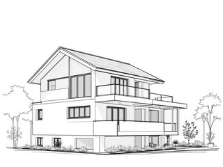 Modern cubic house sketch by architect showcasing sleek design and clean lines, exterior, development
