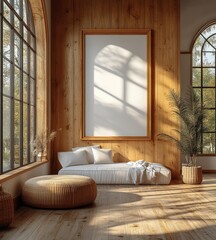 Fototapeta premium Cozy Minimalist Interior Scene with Empty Picture Frame and Natural Lighting by Window