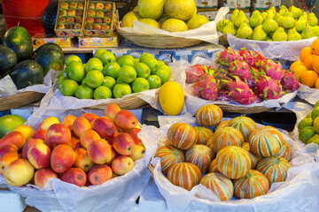India, Mumbai. Fresh fruit on display at street market.