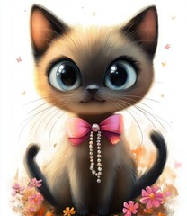 whimsical cartoon Siamese cat with oversized eyes pink bow pearls flowers stars