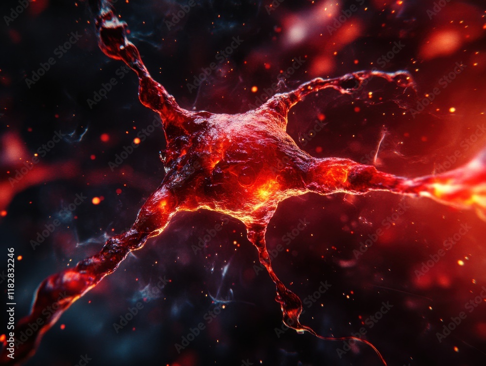 Poster close-up visualization of a neuron in a neural network with vibrant red and black background, illust