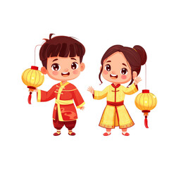 Two happy children in traditional Chinese clothing holding lanterns.