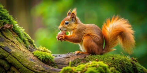 Red Squirrel foraging on Hazelnut near Old Tree Trunk in Lush Green Environment - Wildlife Photography