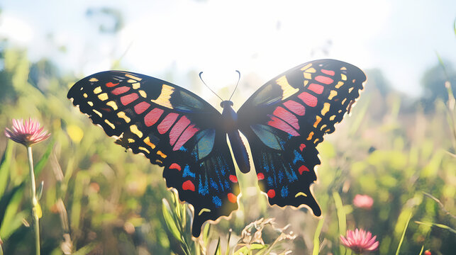 Butterfly, colorful patterns, graceful, fluttering through a sundappled meadow, sunny, photography, backlighting, chromatic aberration, rack focus view. Sundapple. Illustration