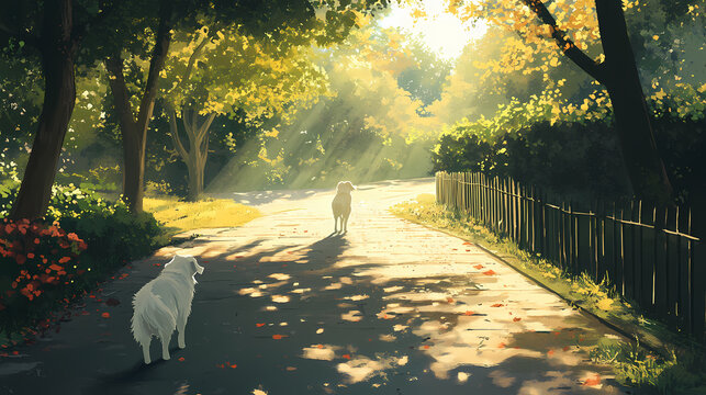 Depict a peaceful moment of dog walking in a serene park setting, with a fluffy canine companion leading the way through a sun-dappled path. Sundapple. Illustration
