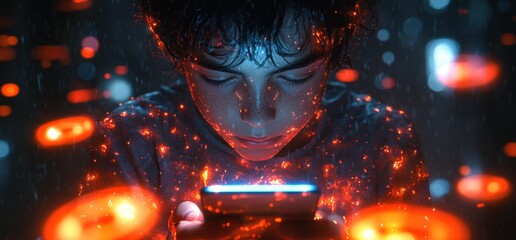 Surprised Boy with Smartphone Surrounded by Warning Symbols and Cybersecurity Alerts