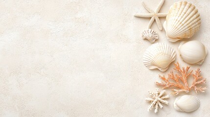 Obraz premium Collection of White Seashells and Coral on Light Textured Background for Beach and Nature Themes