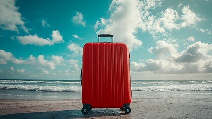 Travel adventure with a red suitcase on the beach coastal landscape daytime