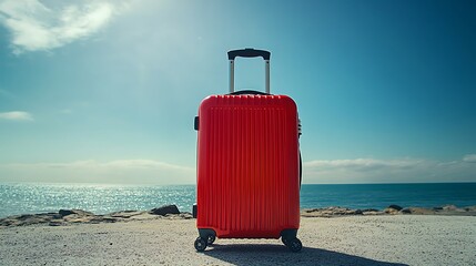 Traveling with a red suitcase on a sunny beach coastal landscape adventure