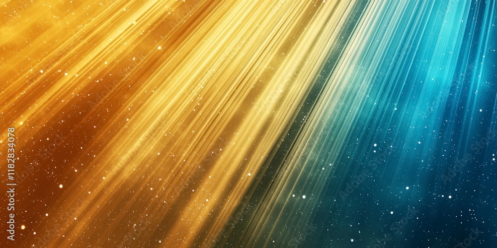Poster abstract light rays in golden and blue tones with sparkling particles creating a dynamic background 