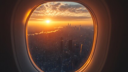 Naklejka premium Sunset view from airplane window over cityscape travel photography