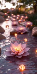 Magical Glowing Lotus Flowers on a Serene Stream at Dusk
