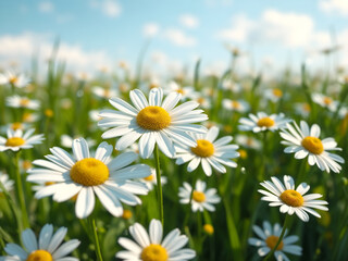 Fototapeta premium A vibrant field of daisies under a bright blue sky. Perfect for spring, nature, or seasonal designs. Generative AI