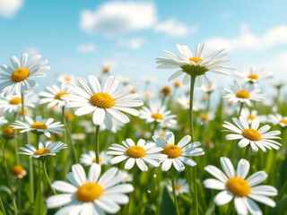 Fototapeta premium A vibrant field of daisies under a bright blue sky. Perfect for spring, nature, or seasonal designs. Generative AI