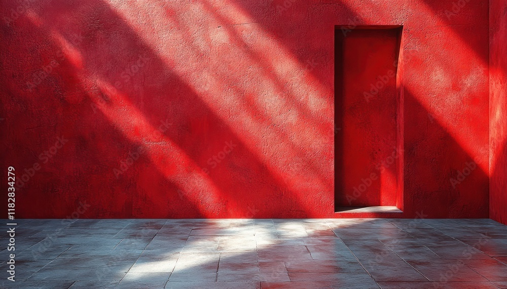 Poster minimalist abstract expressionism red wall with shadows and texture in soft natural light