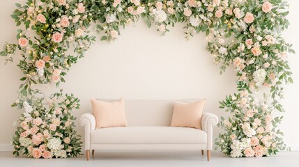 Elegant floral backdrop with a plush beige sofa adorned with pastel flowers for photography and events