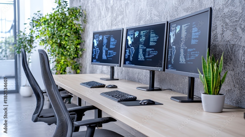 Poster modern office workspace with multiple computer monitors and minimalist desk design for professional 