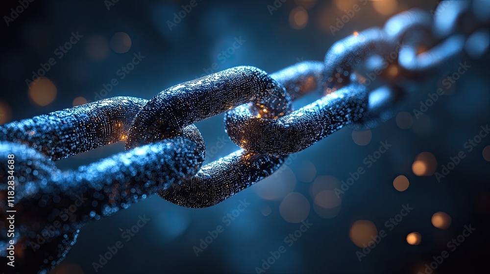 Poster metallic chain links glowing against a dark blurred background with bokeh effects and reflections