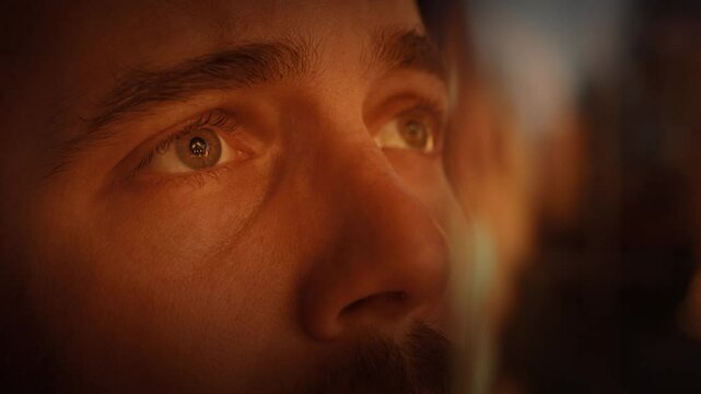 Emotional Man Looking Up In Warm Golden Light Dramatic Cinematic Portrait Hope Faith