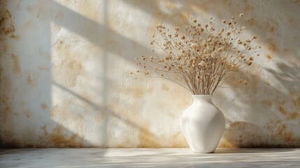 Minimalist White Vase with Dried Flowers on Table in Soft Natural Light