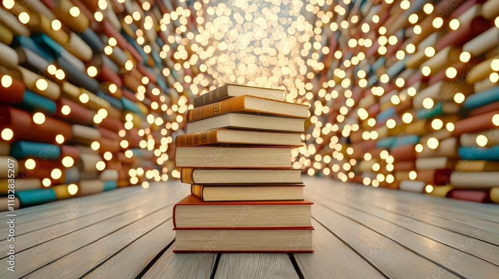 Poster stack of colorful books on wooden floor with blurred lights background creating a cozy reading atmos