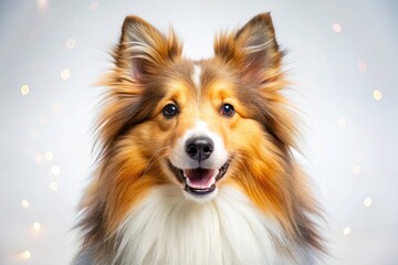 Fototapeta premium Shetland Sheepdog, Happy Dog, White Background, Surreal Pet Photography, Fluffy Dog, Cute Dog