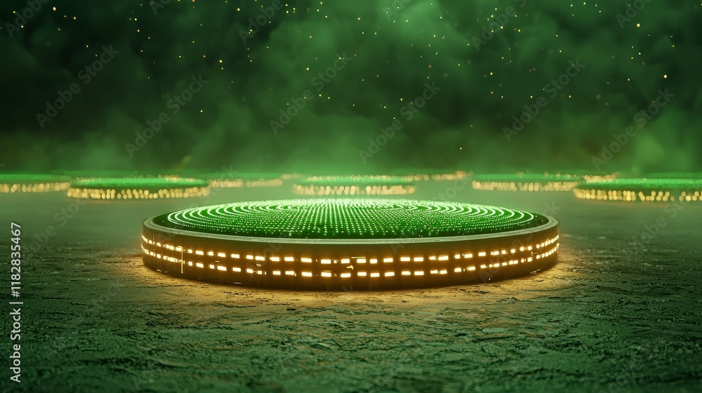 Poster futuristic green platform with illuminated circuits surrounded by abstract ethereal cloudscape and s