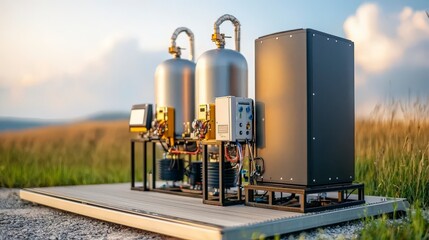 Obraz premium Industrial Equipment Setup with Large Cylinders and Control Box in a Rural Landscape under Blue Sky