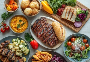 Delicious and Colorful Spread of Grilled Meats, Fresh Vegetables, and Tasty Side Dishes for Family Gathering or Barbecue Celebration Meal