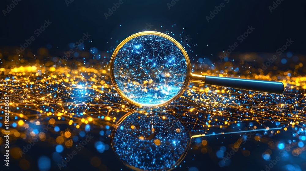 Poster magnifying glass exploring digital network: a visual metaphor for data analysis and discovery