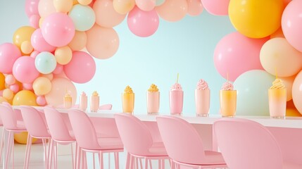 Colorful Dessert Table Display with Milkshakes and Balloons in Pastel Shades for Celebration or Party