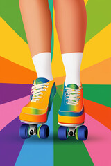 Woman wearing colorful roller skates on rainbow background