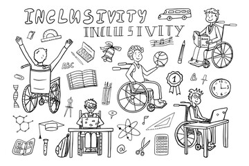 Inclusivity. Inclusive education. School students.  School kids in a wheelchair. Teen boy in a wheelchair. Back to school. Doodle style. Great for banner, posters, professional design.
