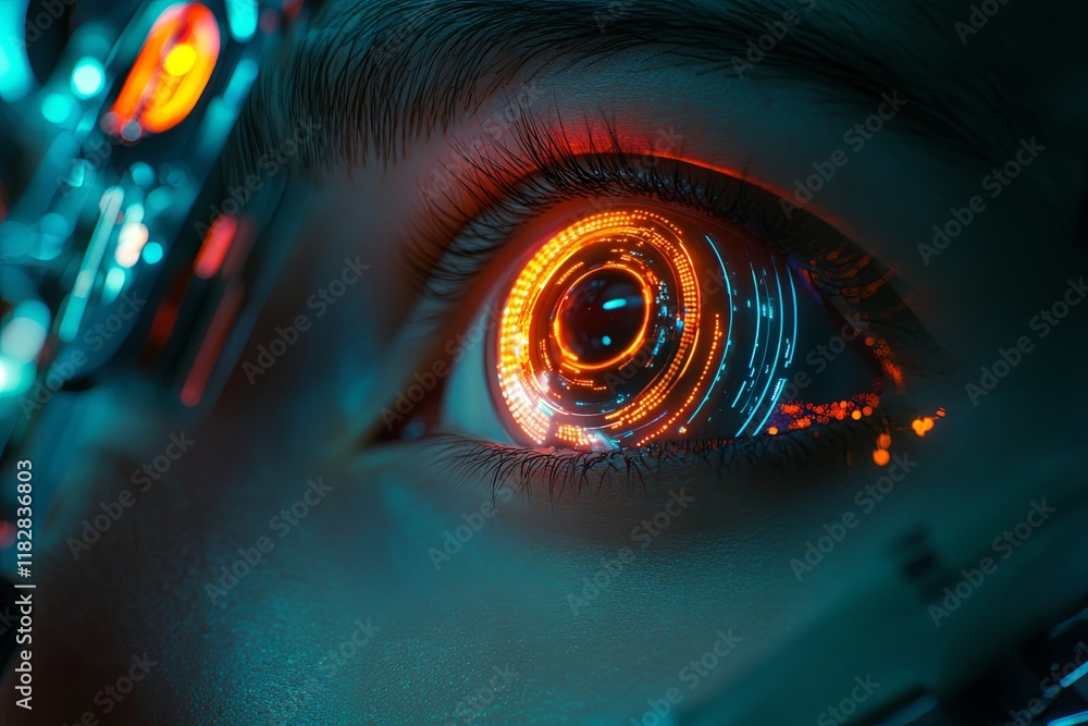 Aufkleber close-up view of a futuristic eye with glowing technology in a high-tech environment at night. gener