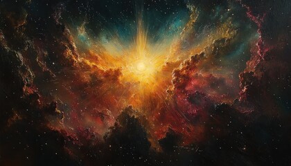 Fototapeta premium Cosmic Starburst Effect with Ethereal Light Rays and Vibrant Colors on Black Background