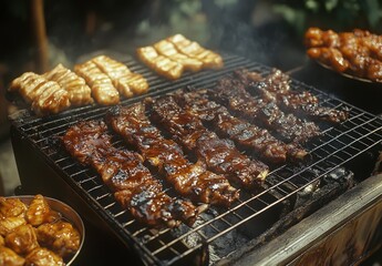 Delicious Grilled Meats on Barbecue with Smoke Rising, Showcasing Juicy Ribs and Tender Cuts Perfect for Summer Gatherings and Outdoor Events