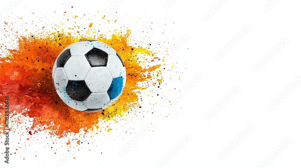 Poster dynamic soccer ball with colorful splashes of paint creating vibrant artistic background effect