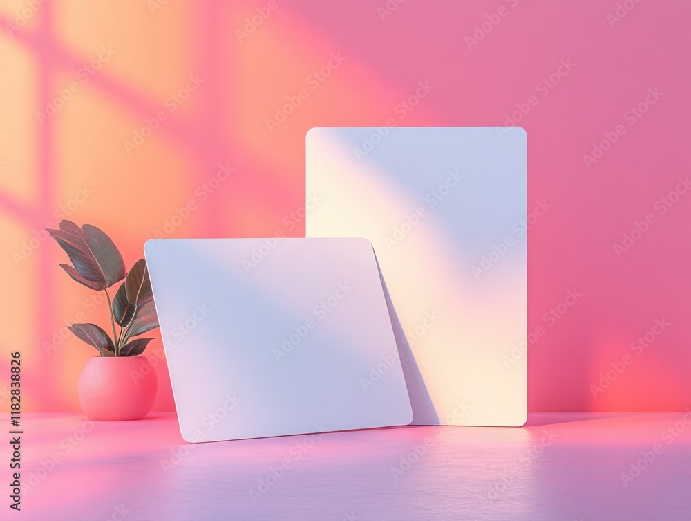 Poster minimalistic blank business cards on soft pink background with gentle shadows and diffused lighting