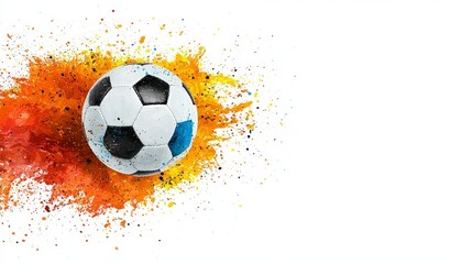 Dynamic soccer ball with colorful splashes of paint creating vibrant artistic background effect