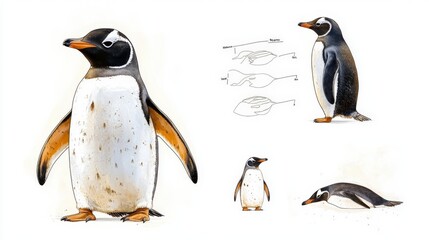 Obraz premium Detailed Illustration of a Gentoo Penguin with Anatomical Features and Varied Perspectives