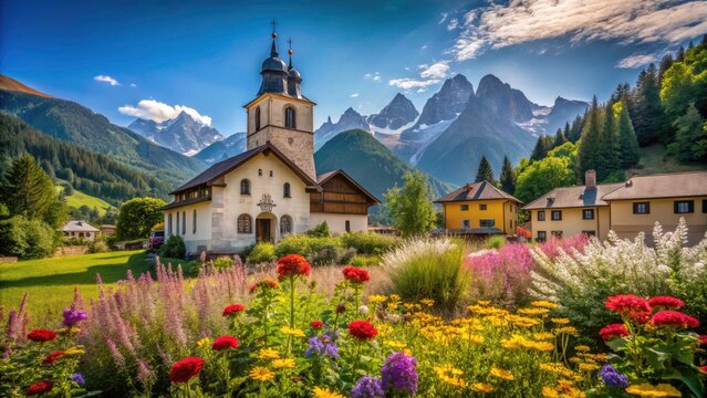 Stunning High Depth of Field Image of a Church in Morgex, Italy Surrounded by Majestic Mountains and Lush Greenery, Capturing the Essence of Italian Architecture and Scenic Beauty