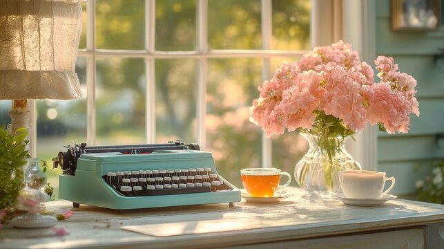 A peaceful morning scene with a vintage typewriter, delicate pink flowers, and steaming tea cups, bathed in soft sunlight streaming through a window