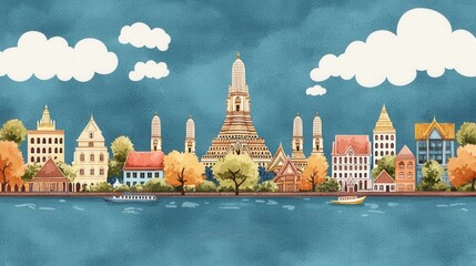 Naklejka premium Monument cultural and iconic, A colorful watercolor cityscape featuring various buildings, including a prominent temple, under a blue sky with fluffy clouds.