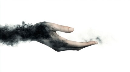 Obraz premium Ethereal Hand Releasing Smoke or Mist Against a White Background in a Surreal Artistic Concept